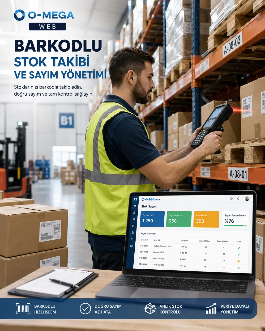O-MEGA Web barkodlu stok takibi depo sayımı ve malzeme hareket kontrolü