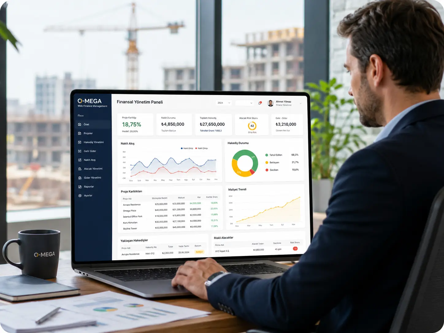 O-MEGA Web finans yönetimi dashboard gelir gider maliyet nakit akışı ve hakediş analiz ekranı
