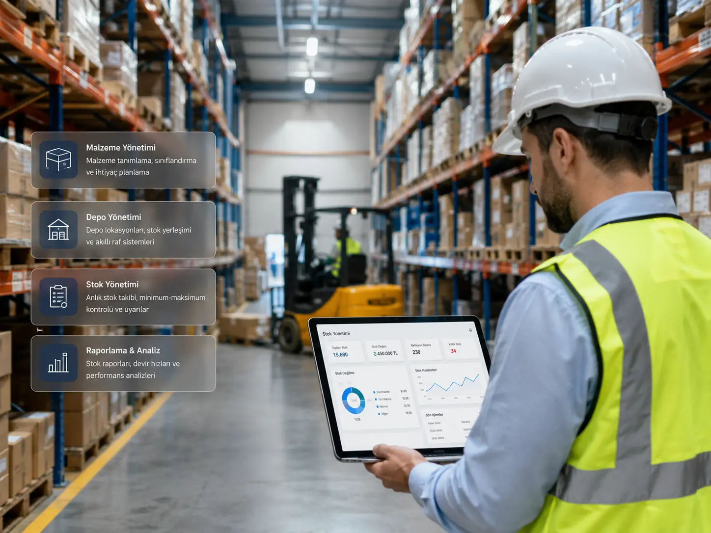 O-MEGA Web malzeme depo stok yönetimi ile depo stokları, malzeme hareketleri, şantiye transferleri ve proje bazlı stok maliyetlerinin takip edildiğini gösteren görsel
