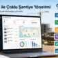 O-MEGA ile çoklu şantiye yönetimini gösteren, şantiye haritası, proje listesi, iş makinesi dağılımı, satınalma, stok, bakım, yakıt ve raporlama