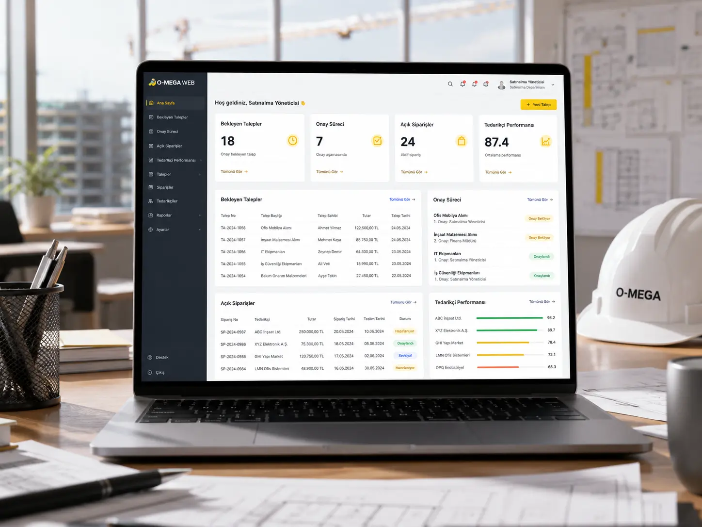 O-MEGA Web satınalma dashboard ekranı bekleyen talepler teklif karşılaştırma onay sipariş ve tedarikçi performansı