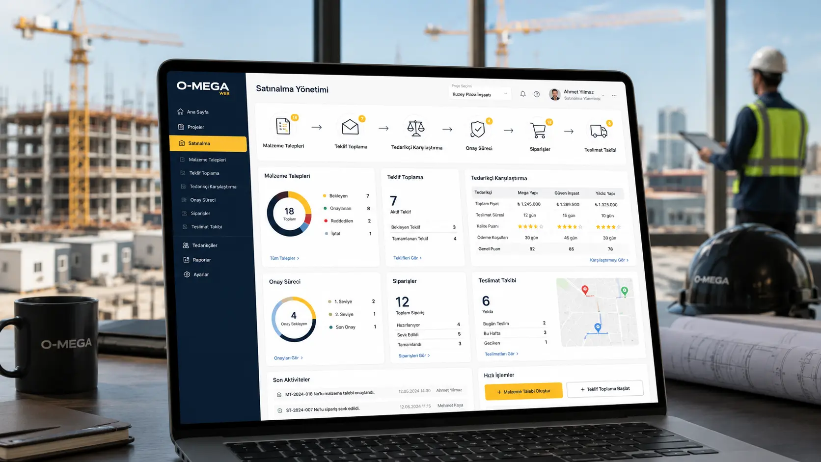 O-MEGA Web satınalma yönetimi yazılımı ile malzeme talebi teklif toplama onay ve sipariş takibi