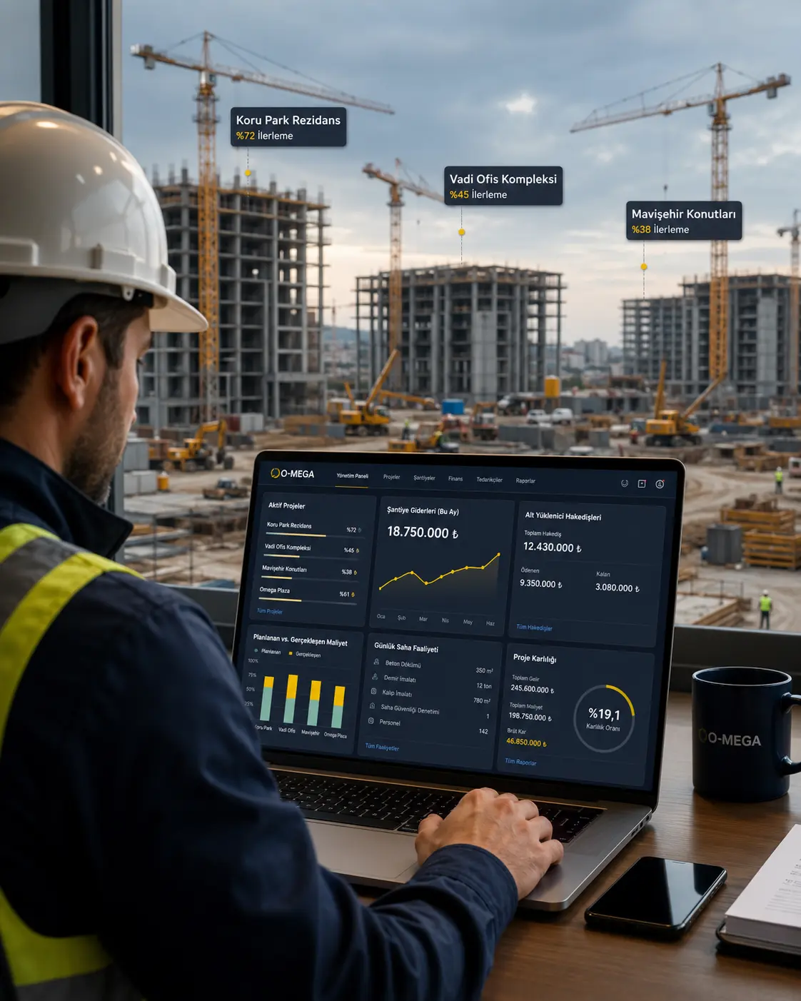 O-MEGA Web proje ve şantiye yönetimi dashboard analiz ekranı