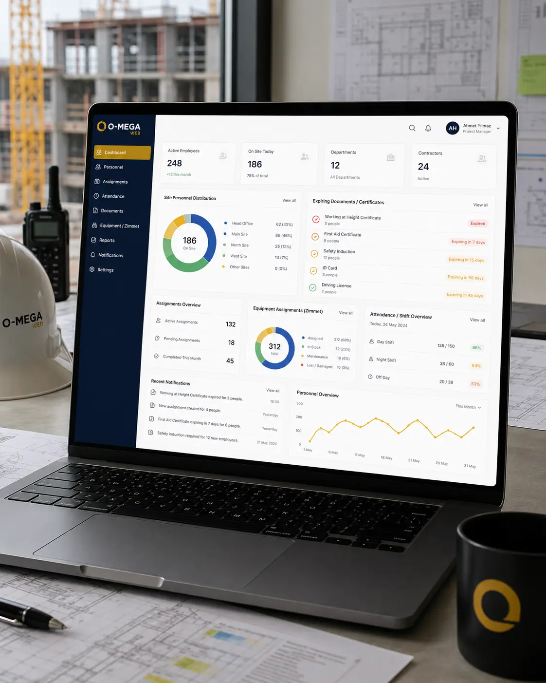 O-MEGA Web personel yönetim paneli aktif personel, belge kontrolü, şantiye görevlendirmeleri ve açık zimmetler dashboard ekranı
