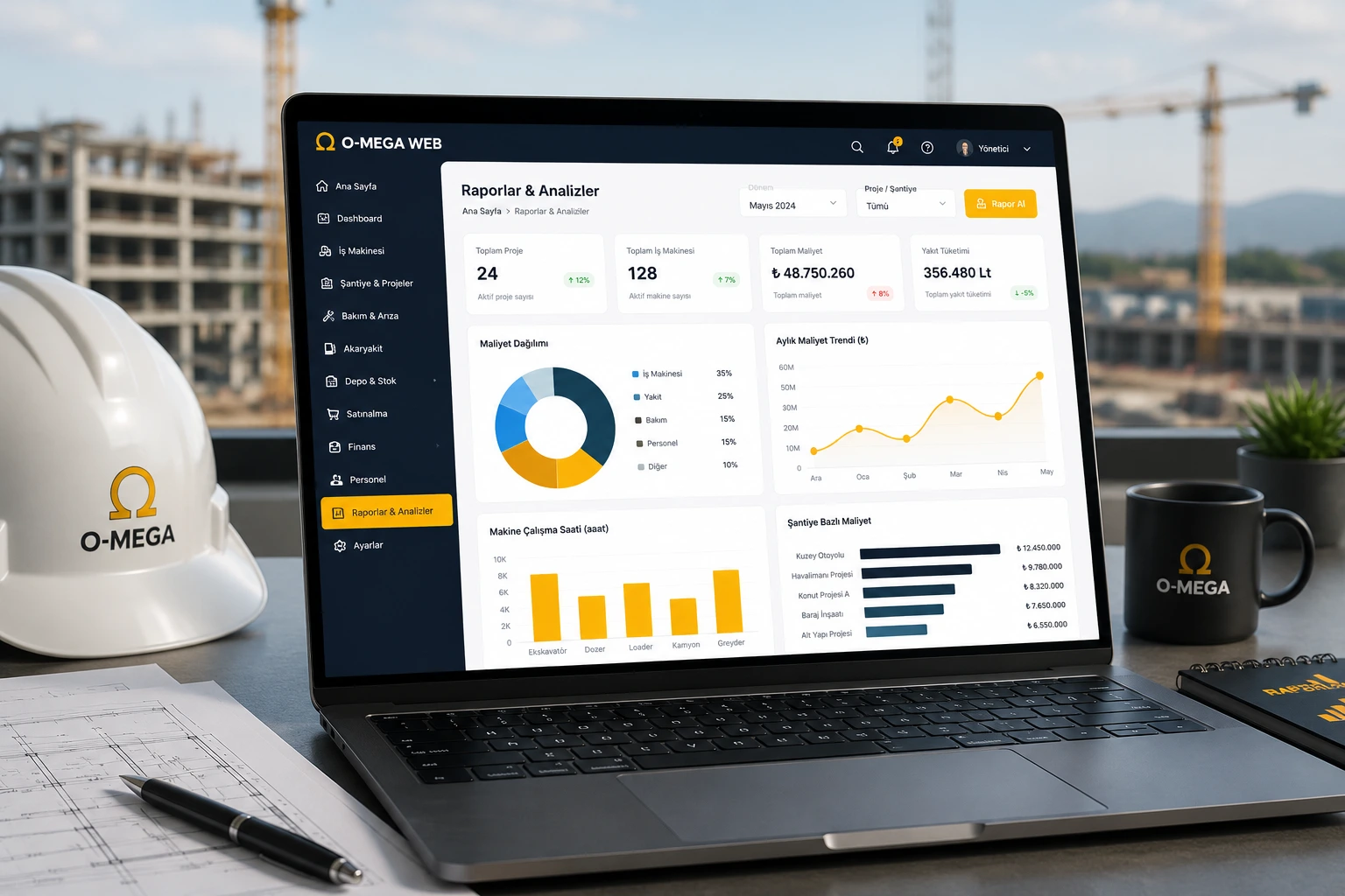 O-MEGA Web raporlar ve analizler sayfası için hazırlanmış, inşaat ERP raporlama dashboard ekranı ve şantiye verilerini gösteren görsel