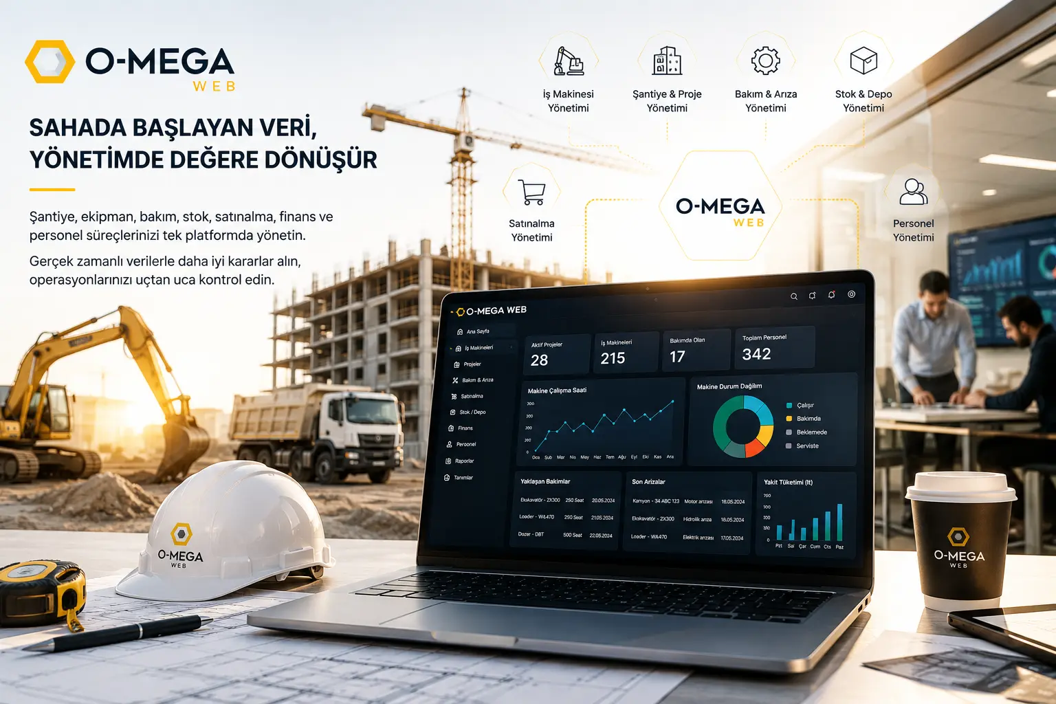 O-MEGA Web referans deneyimi, şantiye, ekipman ve kurumsal yönetim süreçlerini gösteren görsel