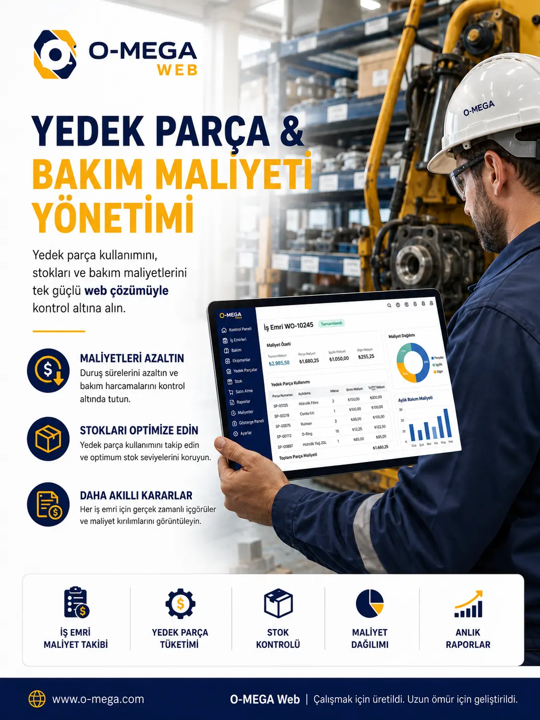 O-MEGA Web yedek parça kullanımı, bakım maliyeti, stok ve servis bağlantısı görseli
