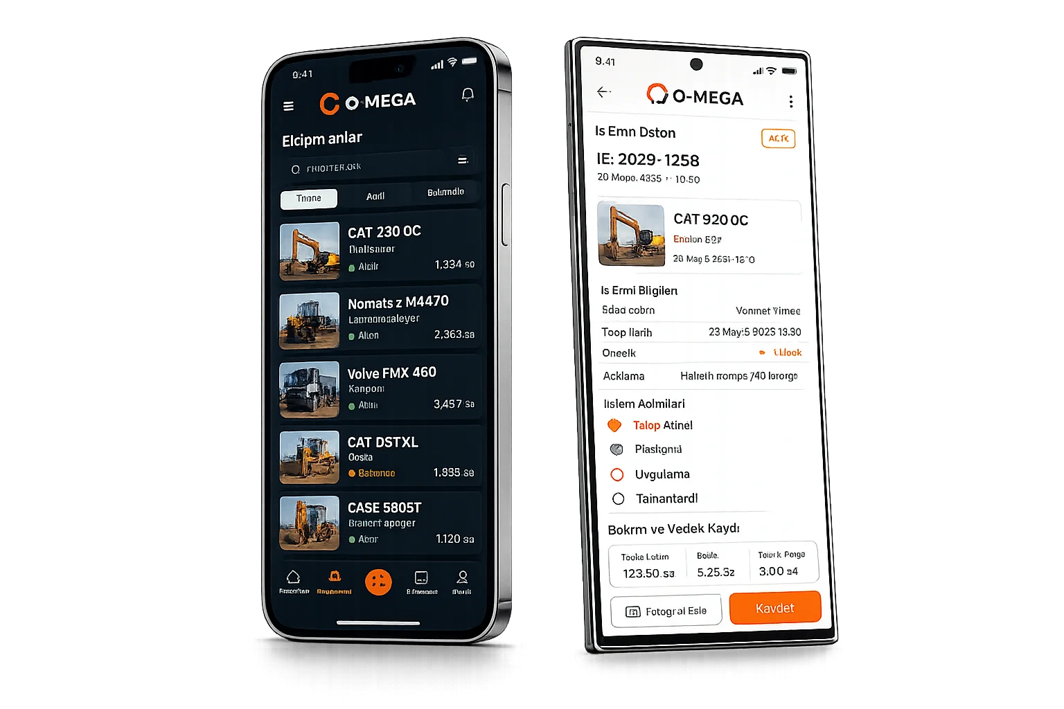 O-MEGA Mobil uygulamasında ekipman listesi ve iş emri yönetimi ekranları